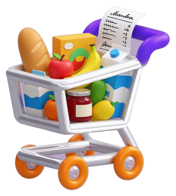 A 3D shopping trolley packed with groceries, a till slip standing in the basket.