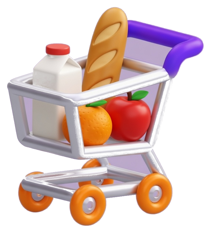 A 3D trolley with milk, bread, an orange and an apple — the next shop taking shape.